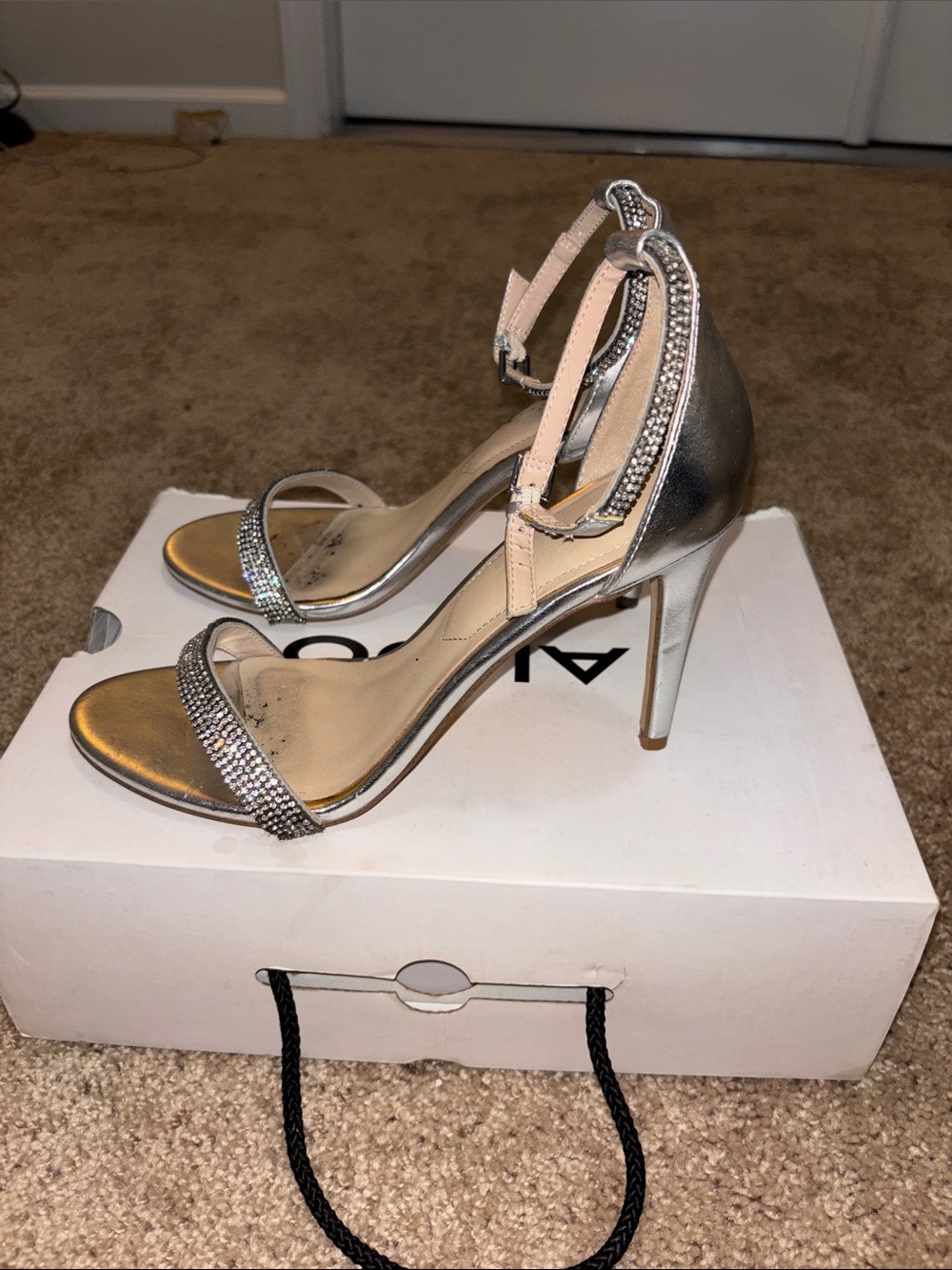 ALDO Silver Rhinestone Ankle-Strap Heels - Aroclya Size 8